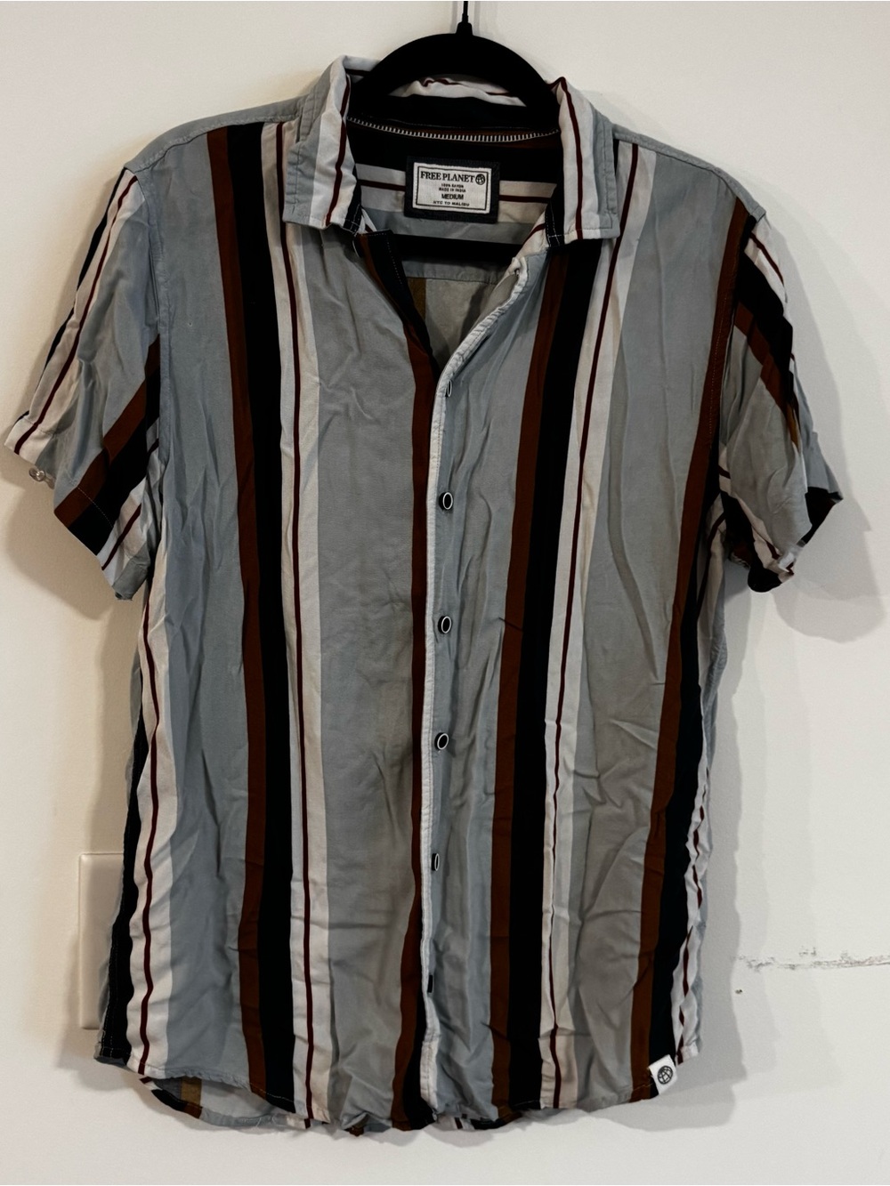 Free Planet Light Blue, Brown & Black Vertical Stripe Short-Sleeve Shirt